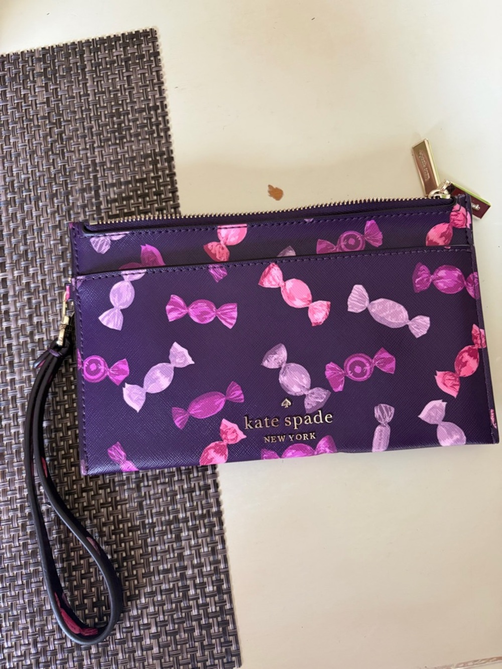 kate spade Purple Wristlet with Pink Candy Print